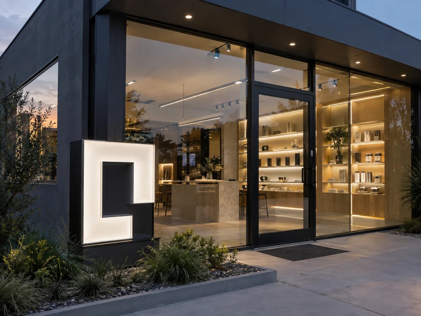 Commercial showroom with integrated linear lighting and an illuminated channel-letter sample