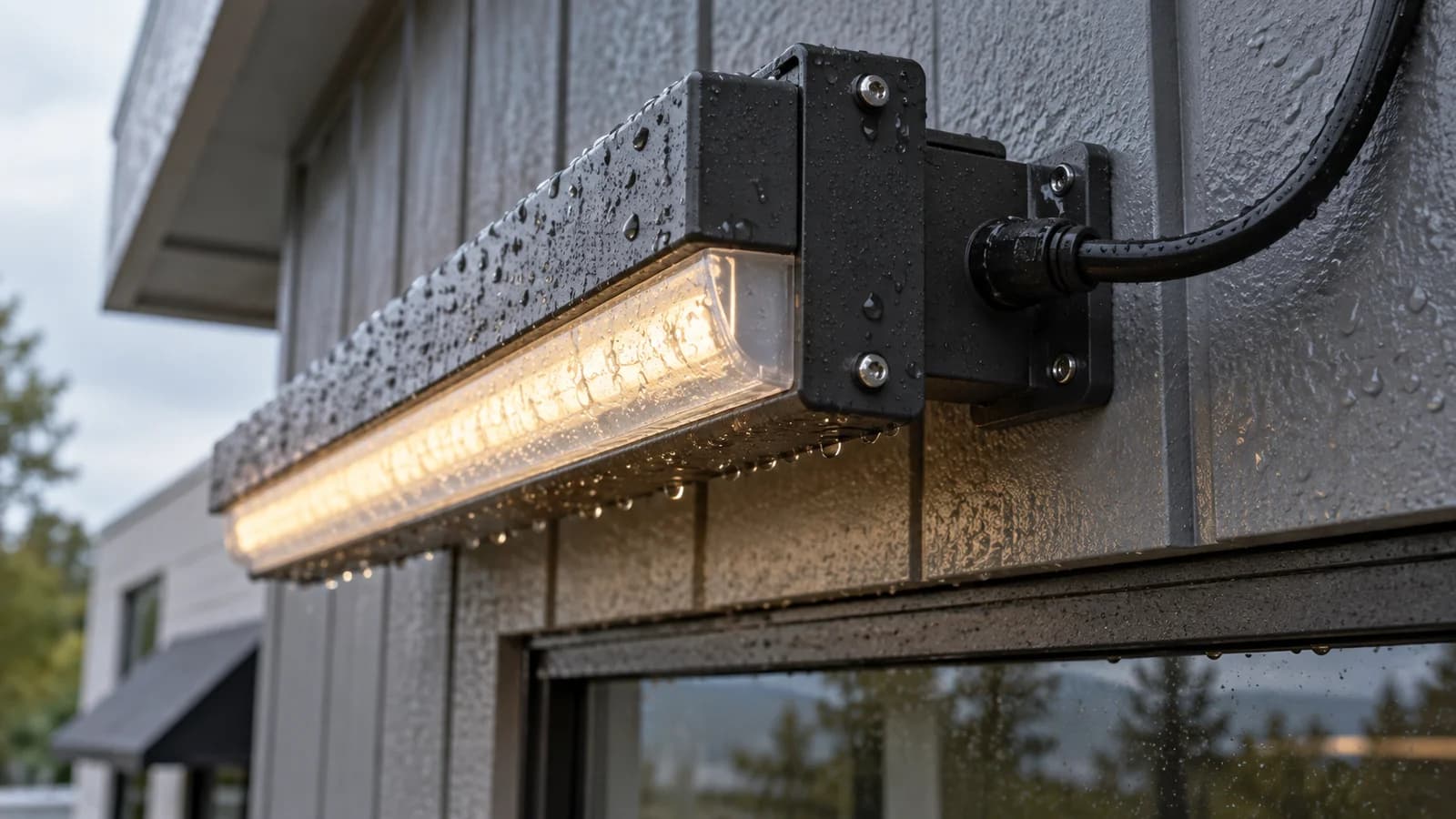 Weatherproof outdoor LED fixture and sealed cable entry after rain