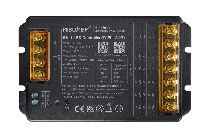 5 in 1 Wireless LED Controller WIFI+2.4G, 12V-48V,Max 30A, Bluetooth 4.2, Control distance 30 m, supports 2.4G RF control