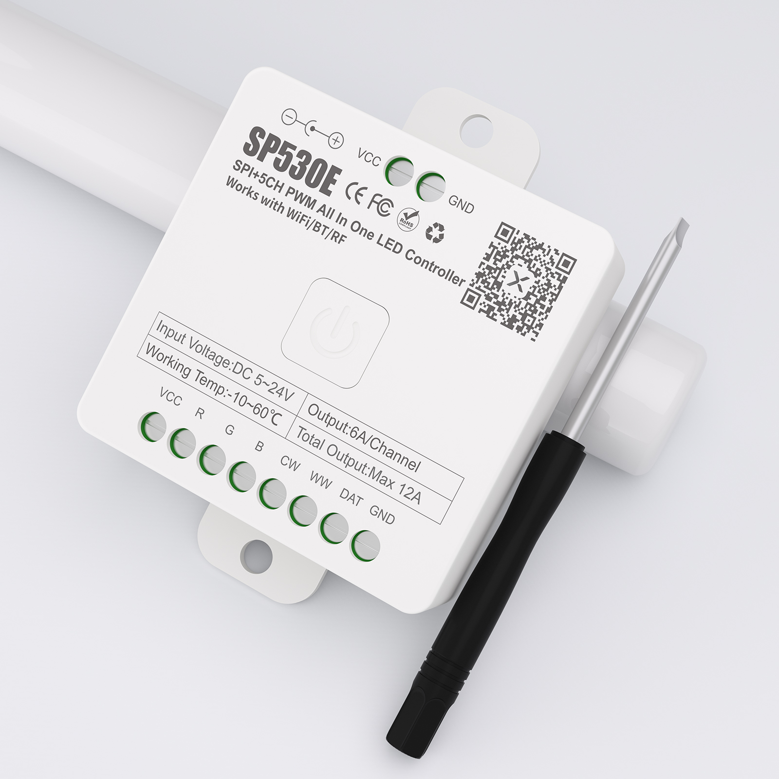 BT&WiFi Controller for PWM Addressable SPI Up to 5 channels (SPI, for single, CCT, RGB, RGBW, RGBCW) Paired with APP Remote Controls or Remote panels Dim 78x56x20mm 2.4 GHz Remote Range 30M, Supports 600 to 1200 pixels